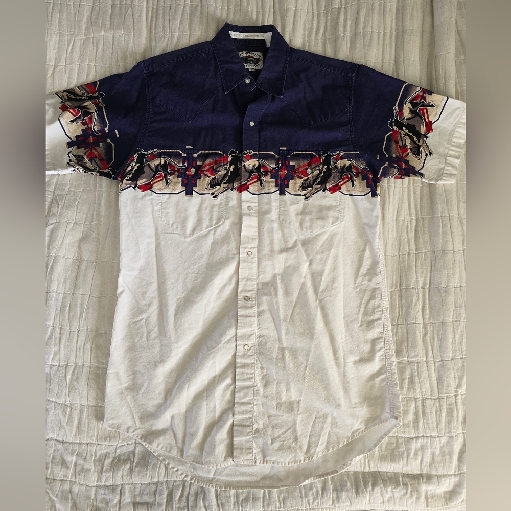 Vtg Cumberland Outfitters Short sleeve Western Bull Pearl Snap Button Down L